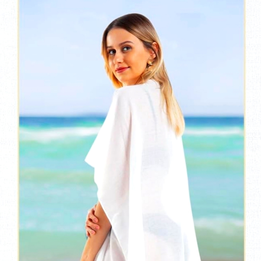 Swimsuit Chiffon Cover-up, white with small pom pom fringe. one size fits all.